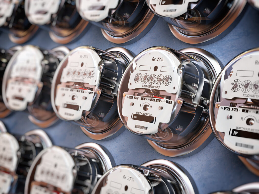 Analog electricity meters in an older style, which use a series of clock-like dials instead of rotary numbers or digital displays.
