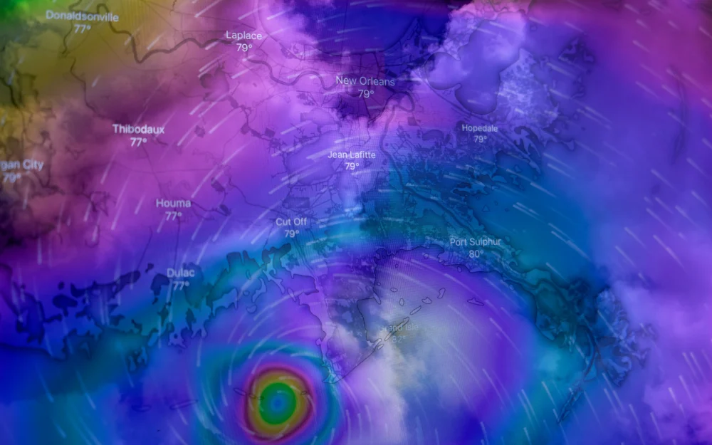 Double exposure of Hurricane Ida approaching New Orleans on August 29, 2021